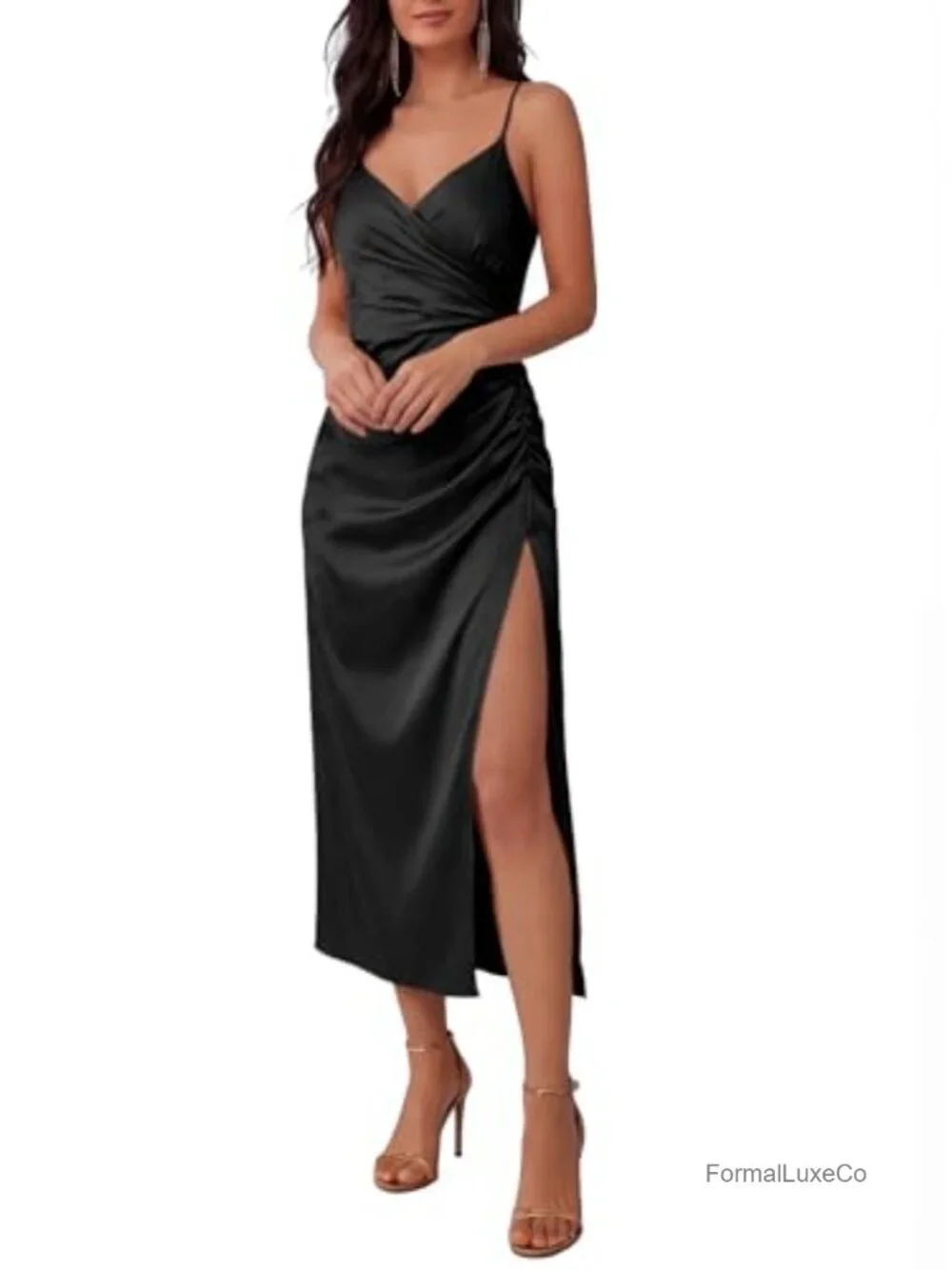 Satin Wrap V Neck Spaghetti Strap Ruched High Slit Midi Cocktail Dress